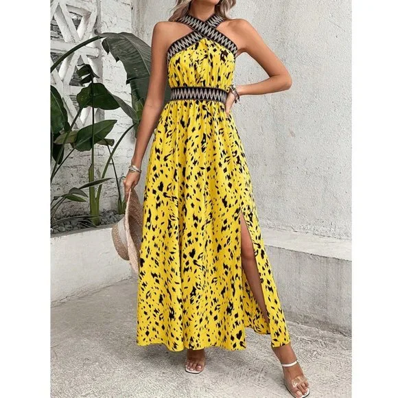 Allover Print Contrast Tape Split Thigh Maxi Dress Yellow - Picture 4 of 6